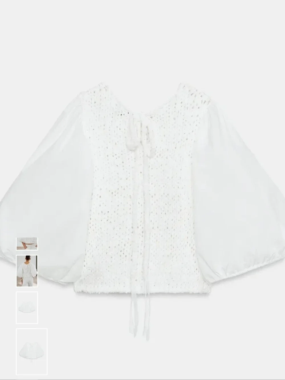 Zara White Crochet Knit Puff-Sleeve Top